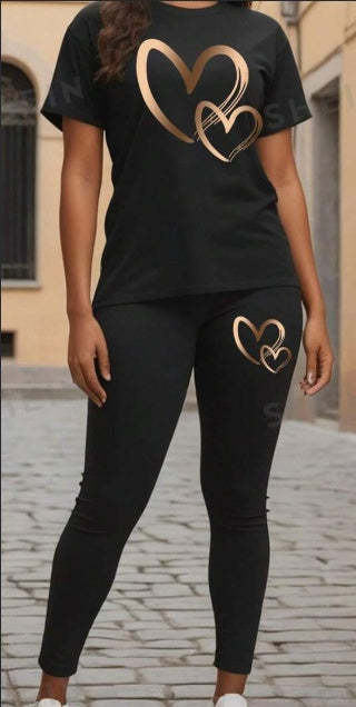 Women's Heart Print Set | Short Sleeve T-Shirt & Leggings Outfit