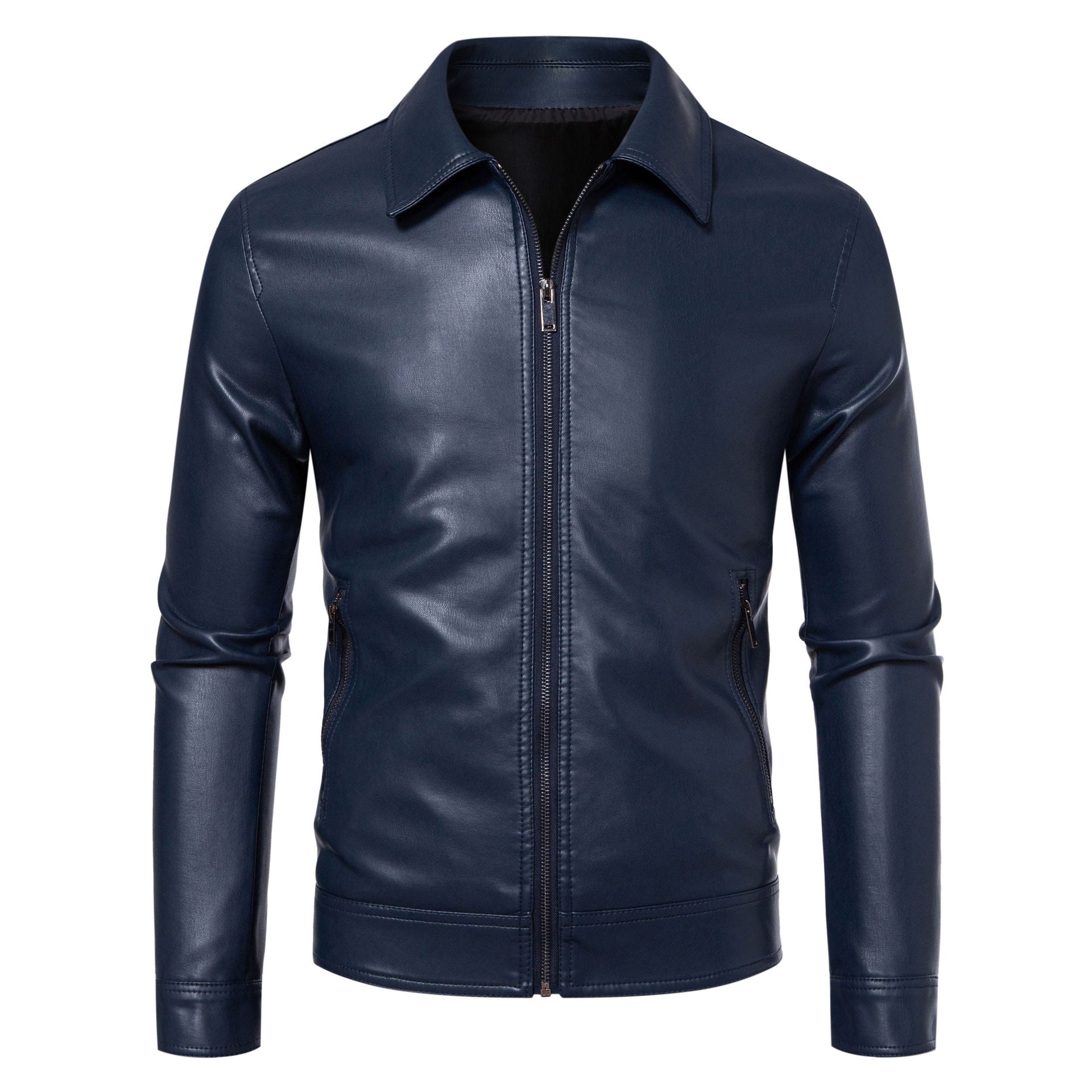 Men's Slim Fit Faux Leather Jacket - Lapel Collar Zip Pocket Casual Coat