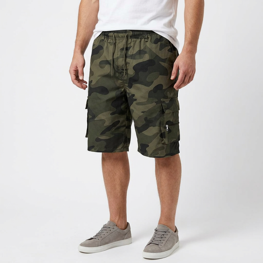 Camouflage Green shorts on a male model