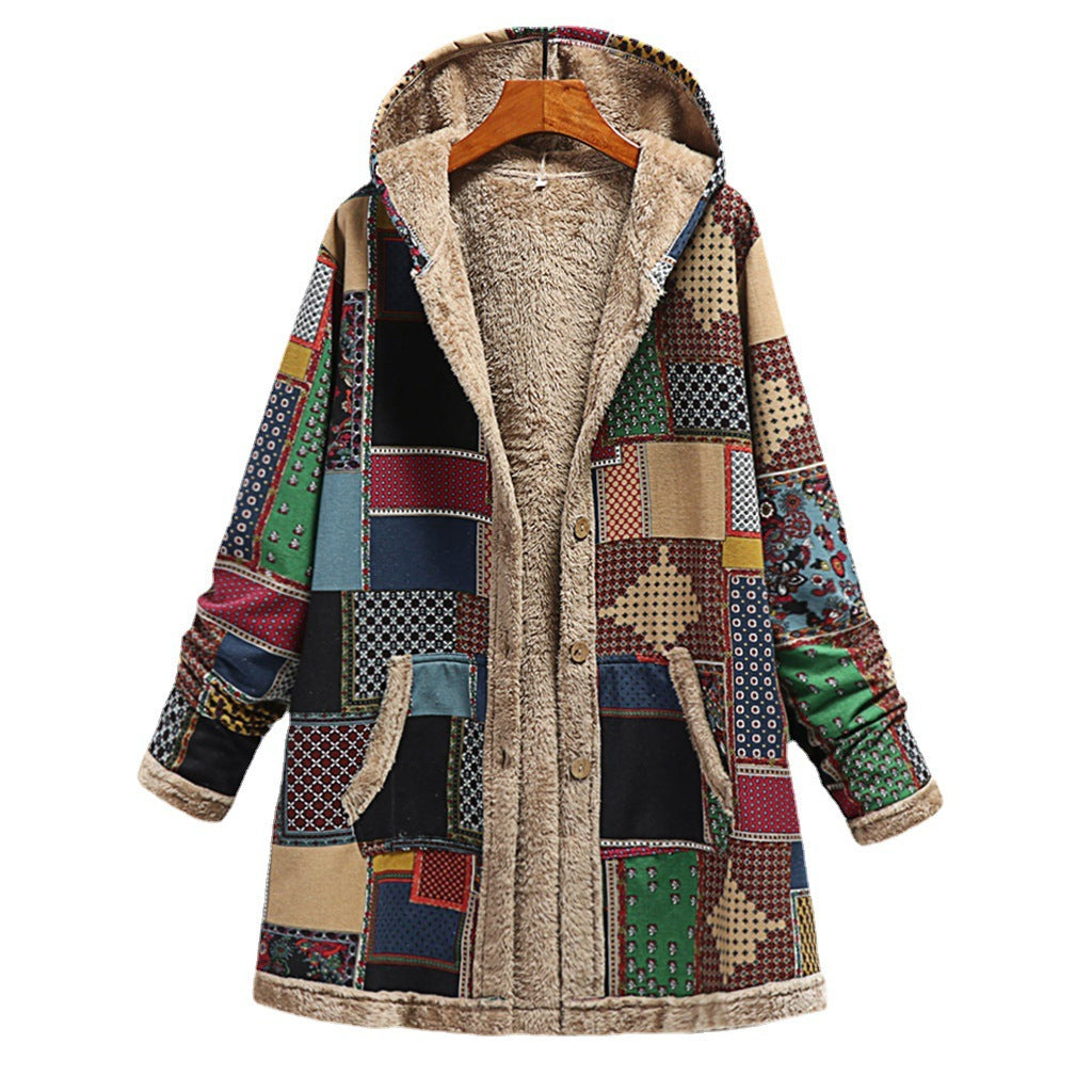 Women’s Cotton Linen Plush Printed Hooded Coat