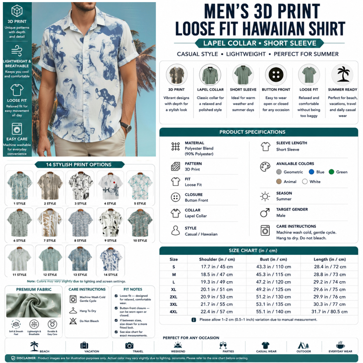 Men's 3D Print Loose Fit Hawaiian Shirt – Lapel Collar Short Sleeve