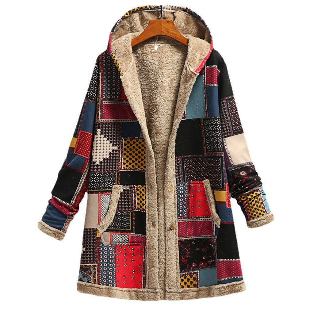 Women’s Cotton Linen Plush Printed Hooded Coat