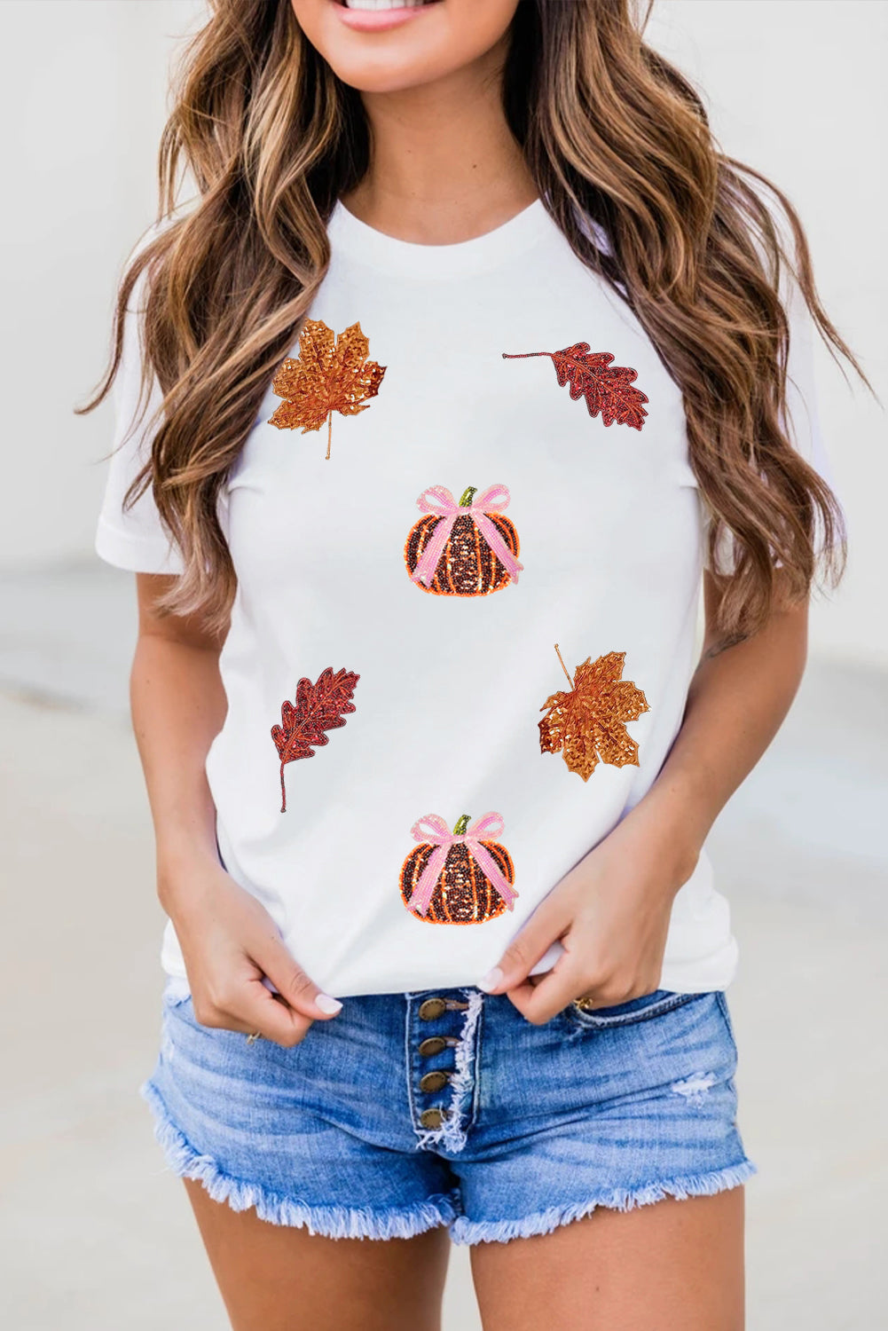Women's White Fall Graphic Tee | Pumpkin Leaves Sequin Patch Design