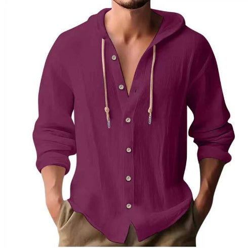 Men's Cotton Linen Hooded Shirt | Button Down Long Sleeve Sweater
