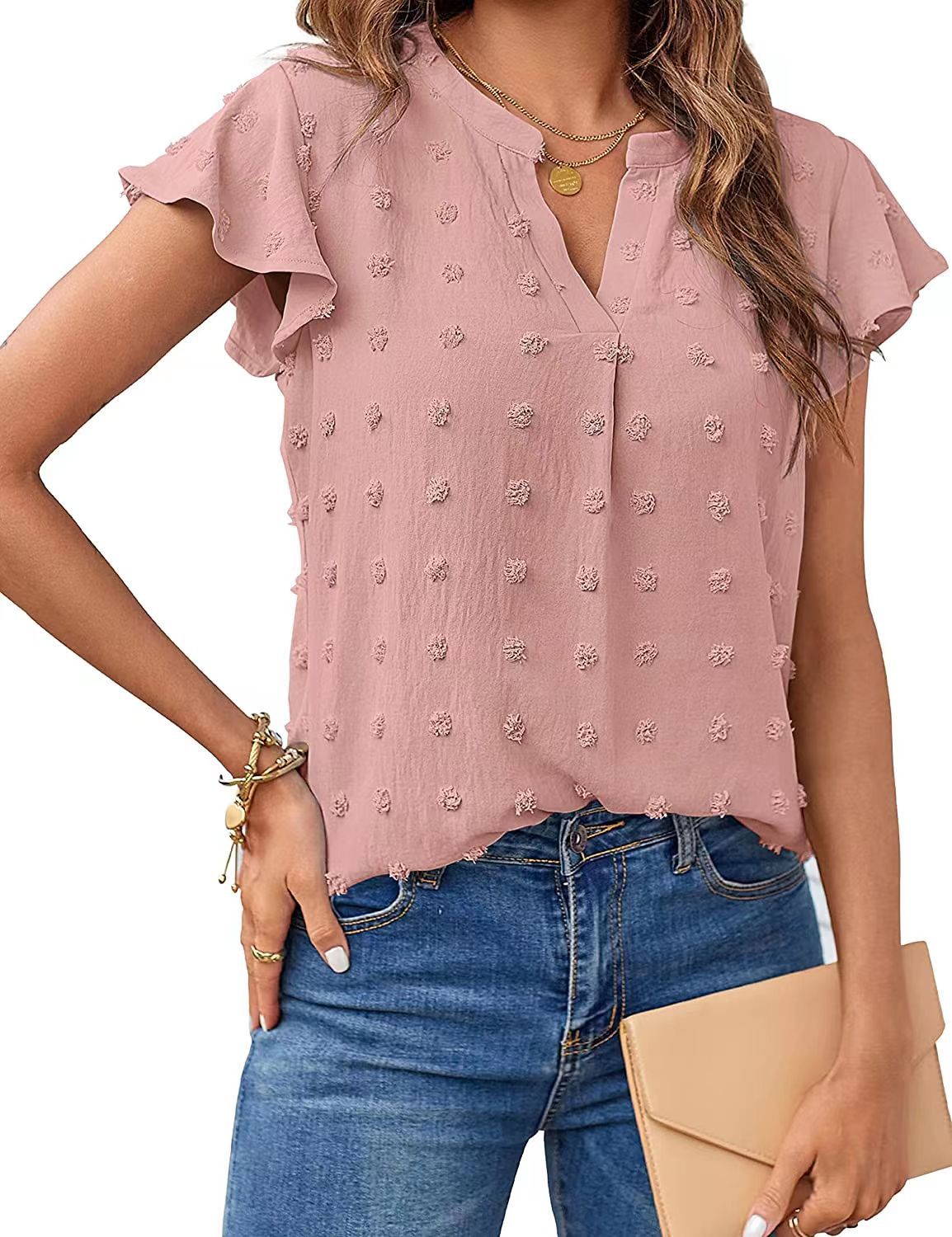 Women's V-Neck Ruffle Short Sleeve Chiffon Blouse