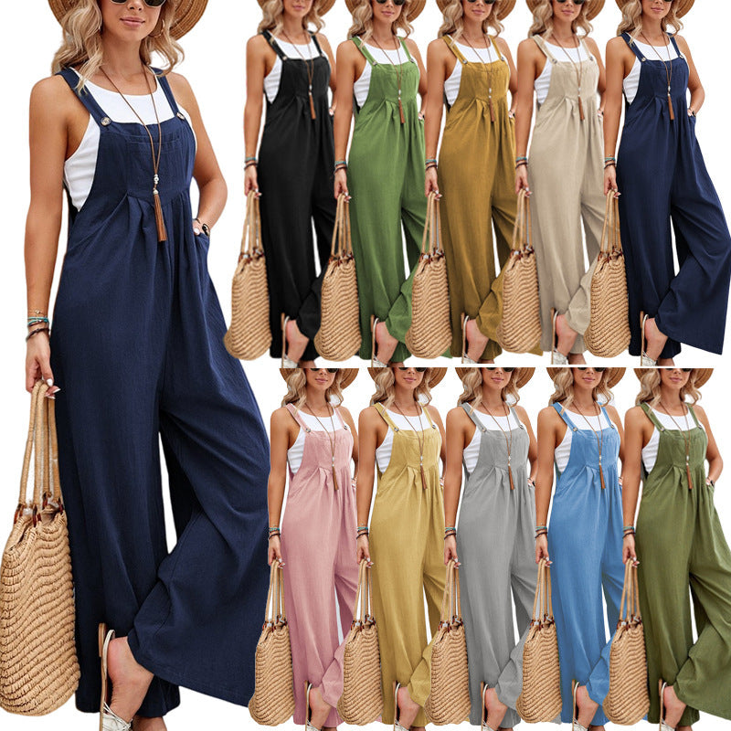 Women's Cotton Suspenders Overalls | Artistic Retro Straight Leg Pants