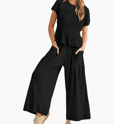 Women's 2-Piece Set | Pleated Top & Wide Leg Pants