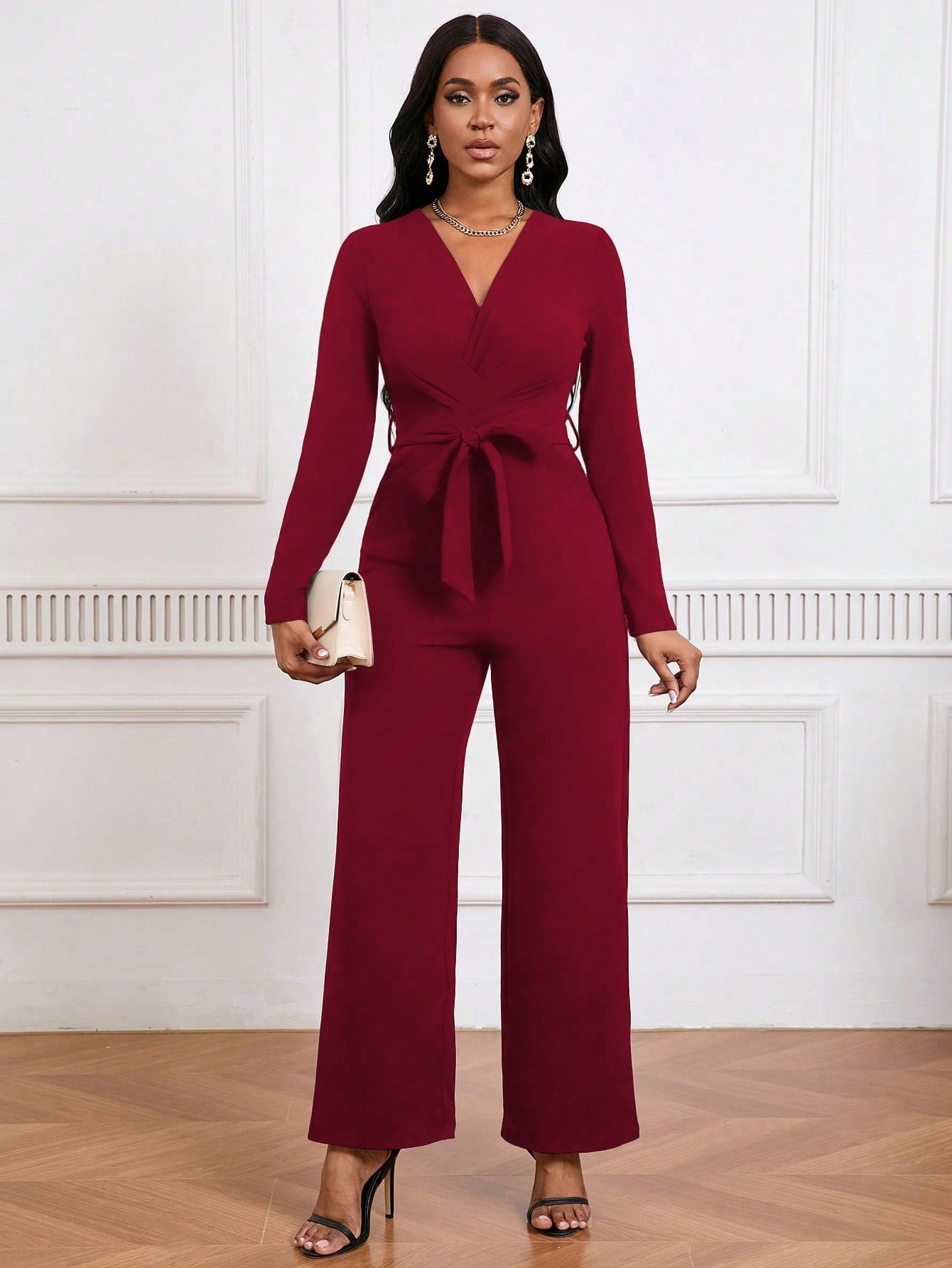 Women's V-Neck Jumpsuit | Long Sleeve Straight Leg Commuter Style