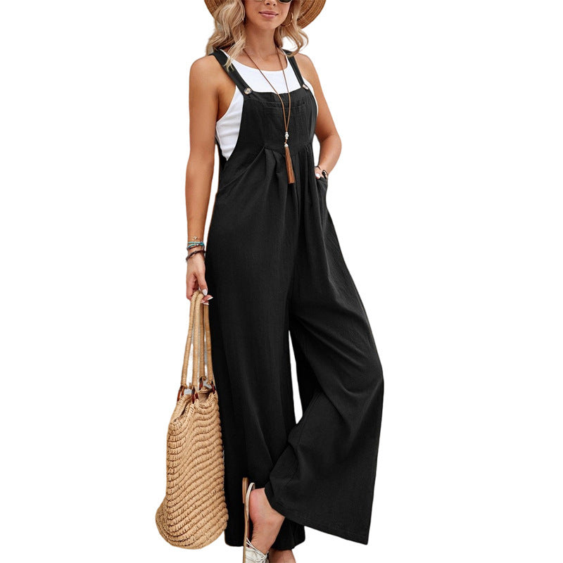 Women's Cotton Suspenders Straight Leg Pants