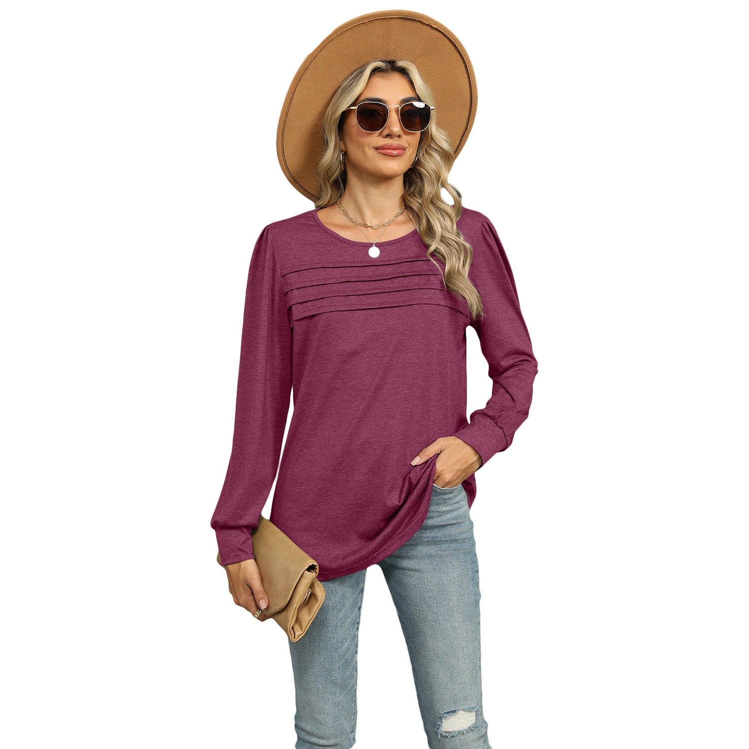Women's Pleated Long Sleeve Solid Color Top