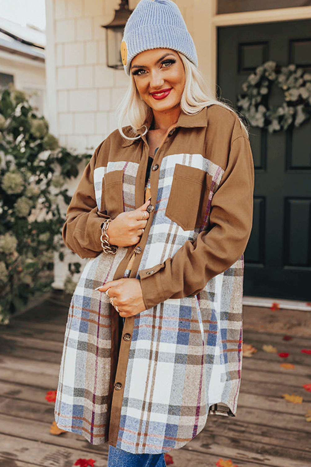 Khaki Plaid Patchwork Button-Up Jacket