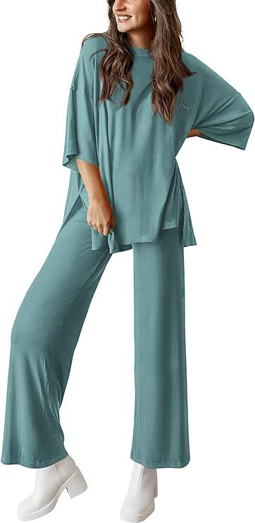 Women's Short Sleeve Pullover Top and Wide Leg Pants Set