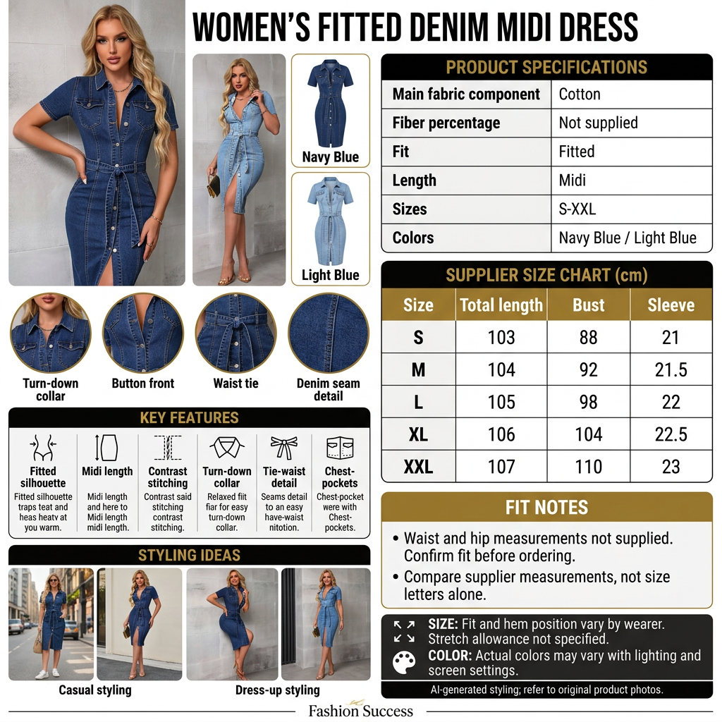 Denim midi dress infographic with models, color variants, specifications, size chart, and disclaimers