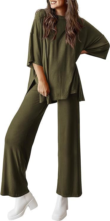 Women's Short Sleeve Pullover Top and Wide Leg Pants Set