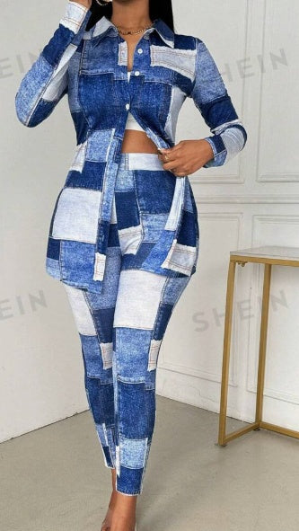 Women's Denim Effect Set | Shirt Collar Knit Top & Pants
