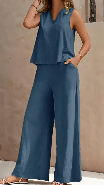 Women's Denim Look Knit Set | Shirt Collar Top & Pants Outfit