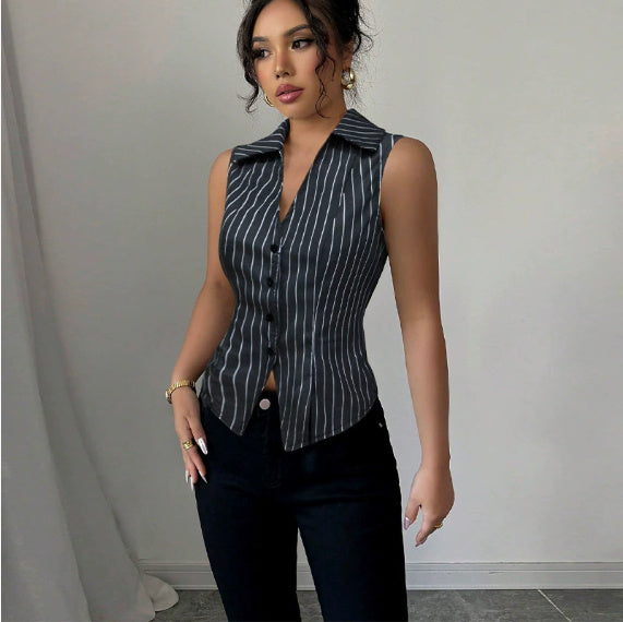 Women's Striped Sleeveless Shirt | European & American Style Top