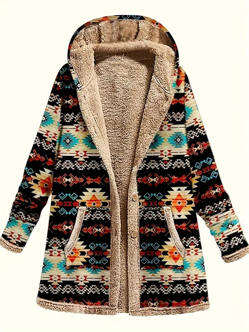 Women’s Cotton Linen Plush Printed Hooded Coat
