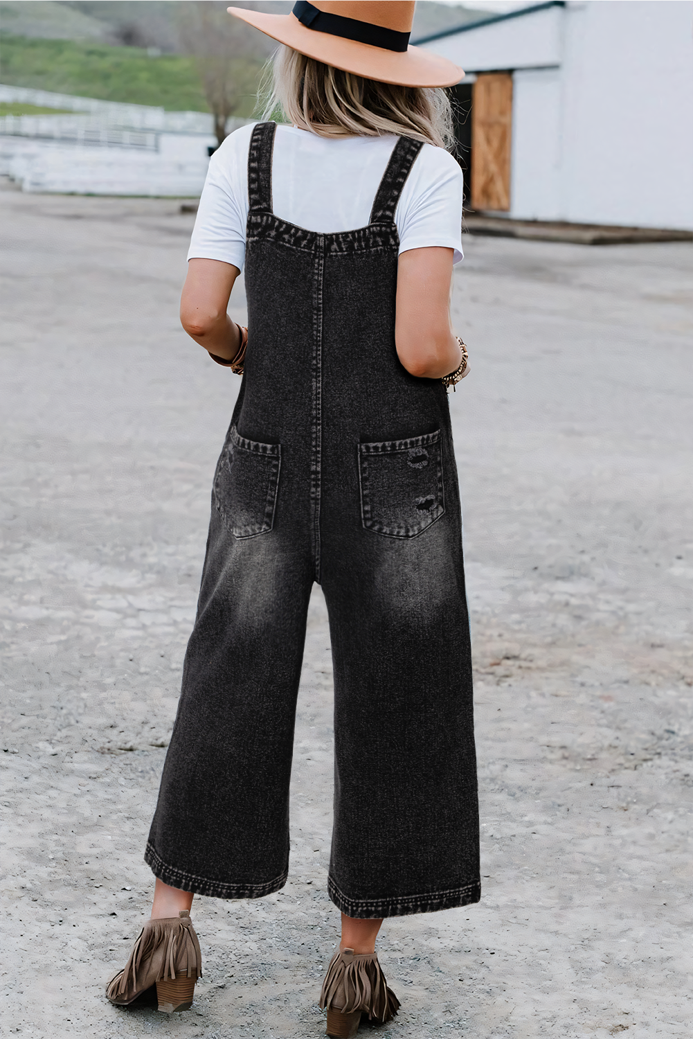 Women's Black Denim Overall | Distressed Bib Pocket Wide Leg