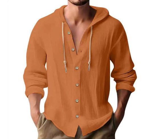 Men's Cotton Linen Hooded Shirt | Button Down Long Sleeve Sweater