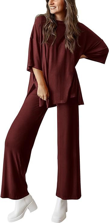 Women's Short Sleeve Pullover Top and Wide Leg Pants Set