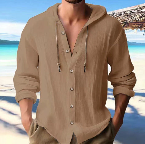 Men's Cotton Linen Hooded Shirt | Button Down Long Sleeve Sweater