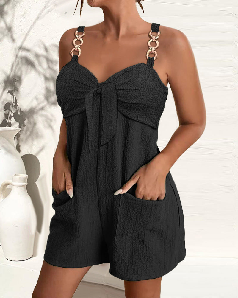 Women's Sleeveless Jumpsuit | High-Waist Shorts with Metal Strap Detail