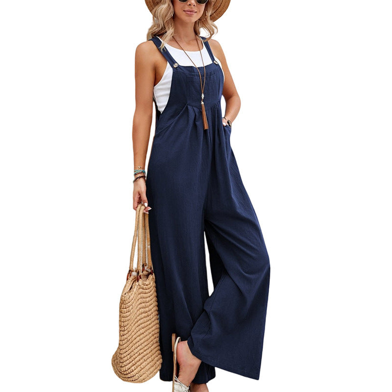 Women's Cotton Suspenders Straight Leg Pants