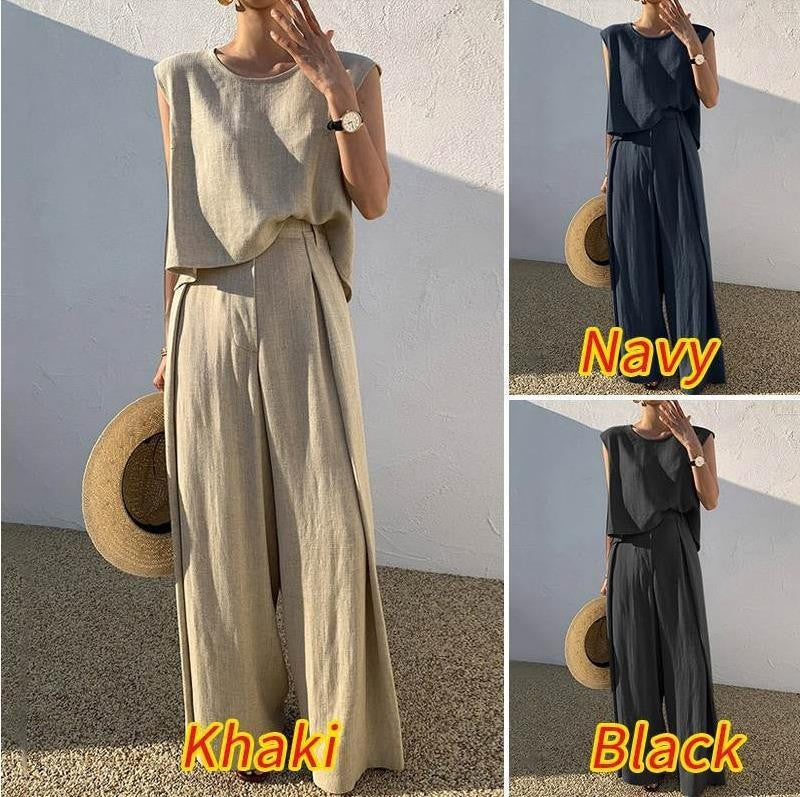 Women's Cotton Linen Sleeveless Set | Wide Leg Pants Outfit