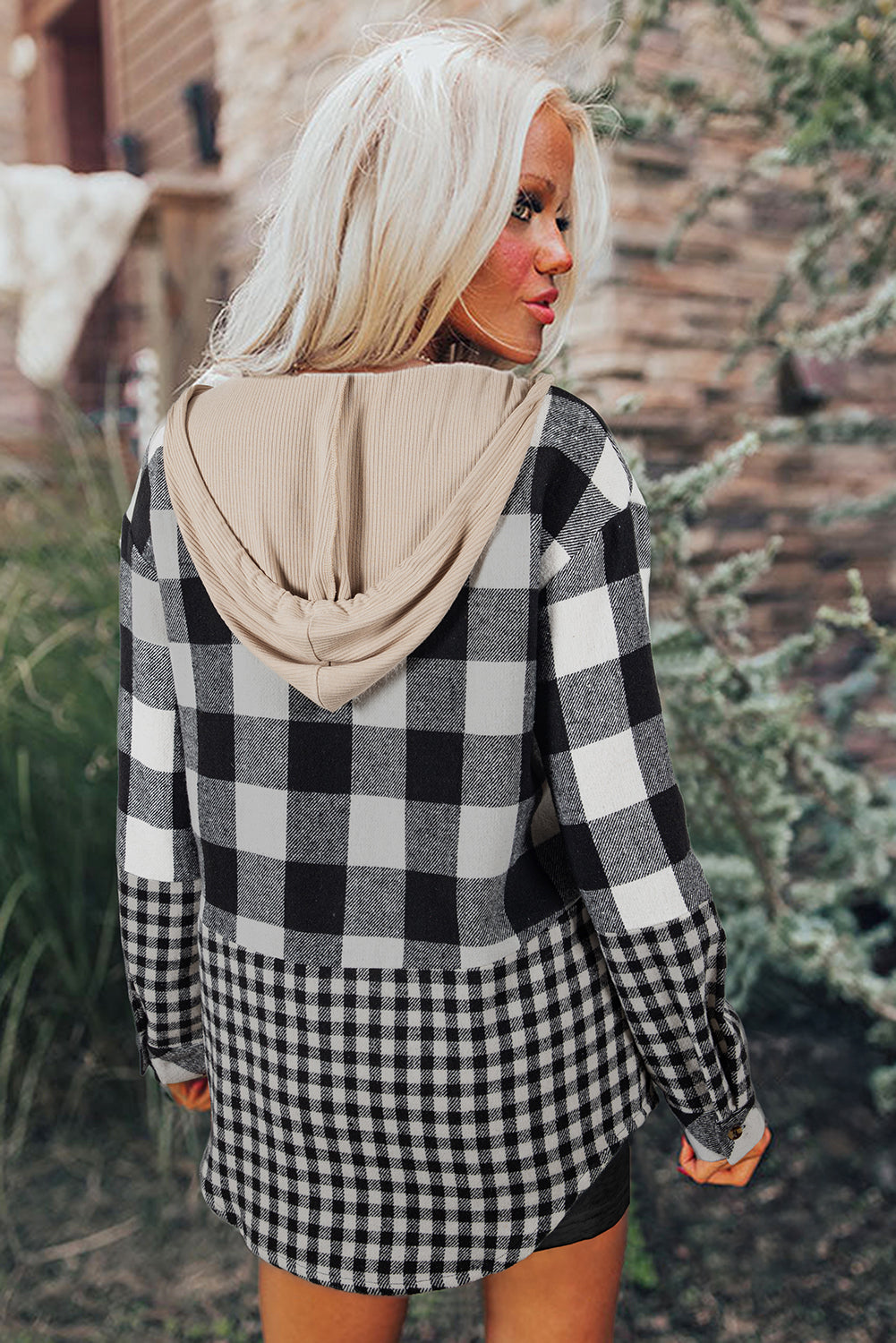 Black Hooded Shacket with Raw Hem