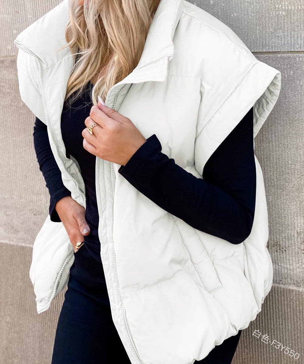 Women's Solid Color Quilted Vest | Stand Collar Zip Pocket Coat