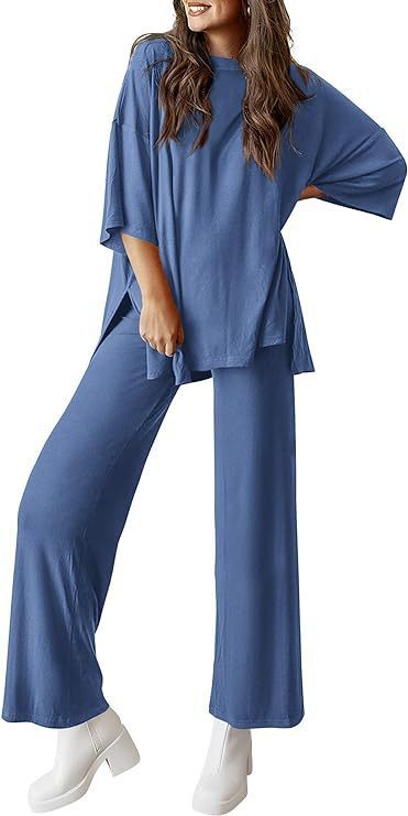 Women's Short Sleeve Pullover Top and Wide Leg Pants Set