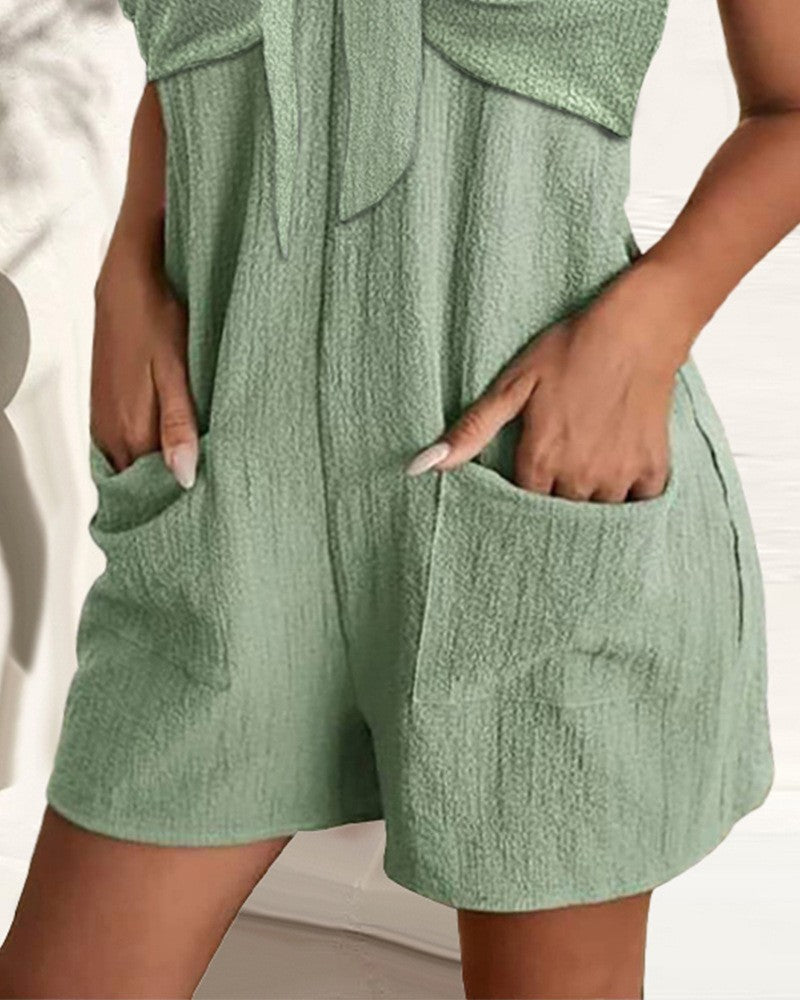 Women's Sleeveless Jumpsuit | High-Waist Shorts with Metal Strap Detail