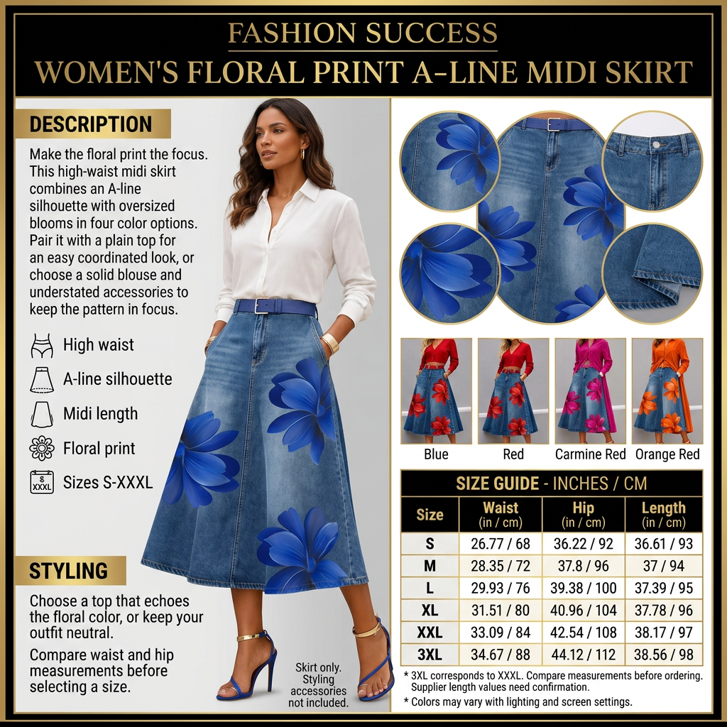 Floral midi skirt detailed infographic