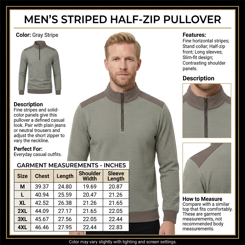 Gray Stripe half-zip pullover square infographic