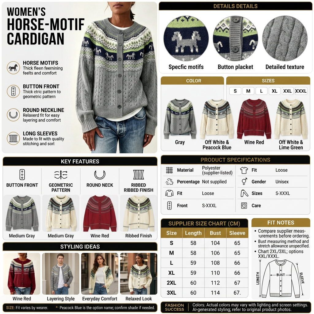 Horse-motif cardigan infographic with models, four colors, size chart, and disclaimers