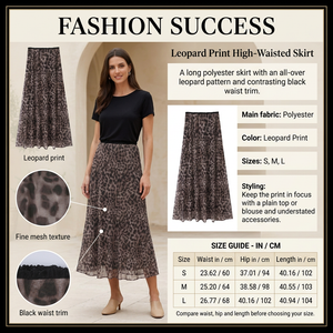 Leopard-print skirt infographic with preferred model, product details and size chart