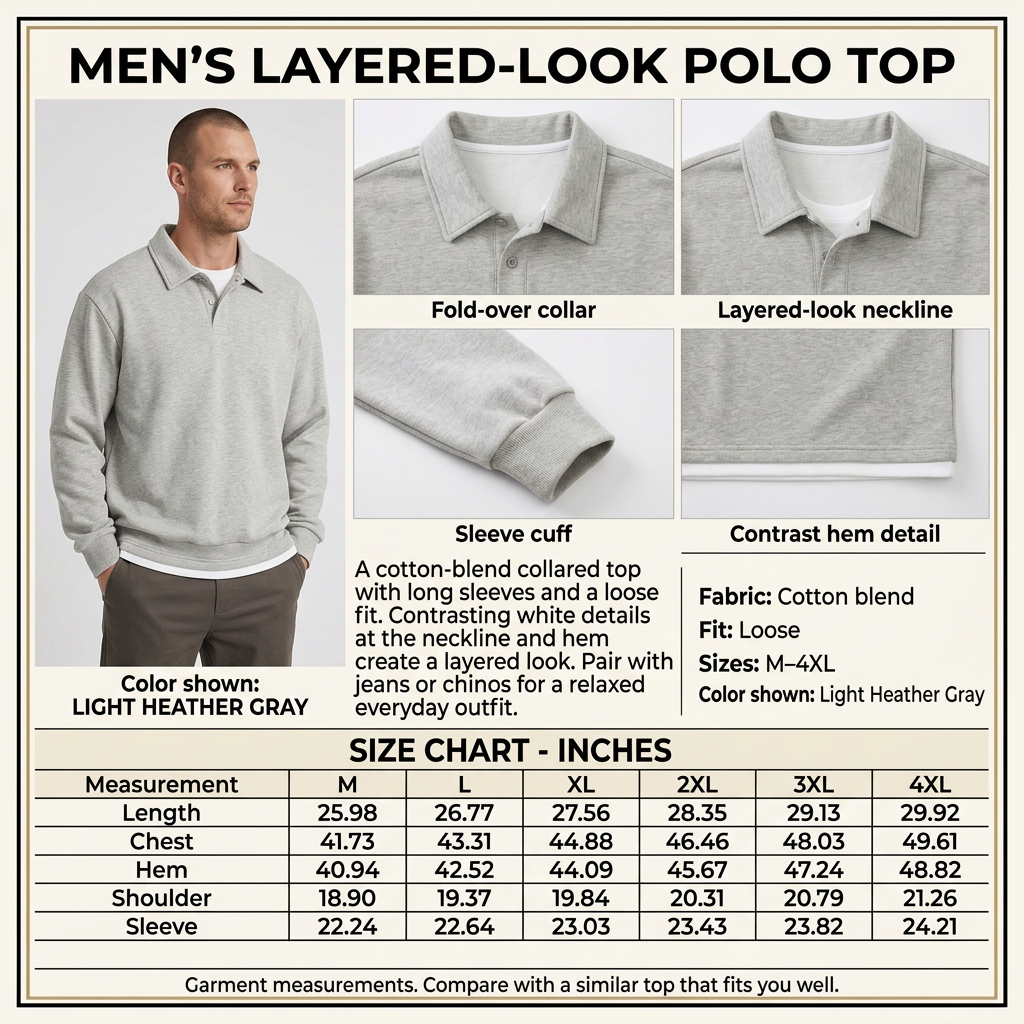 Light Heather Gray layered-look polo infographic with a male model, garment closeups, descriptive copy, and inches-only size chart