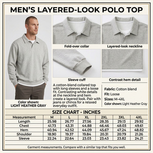 Light Heather Gray layered-look polo infographic with a male model, garment closeups, descriptive copy, and inches-only size chart