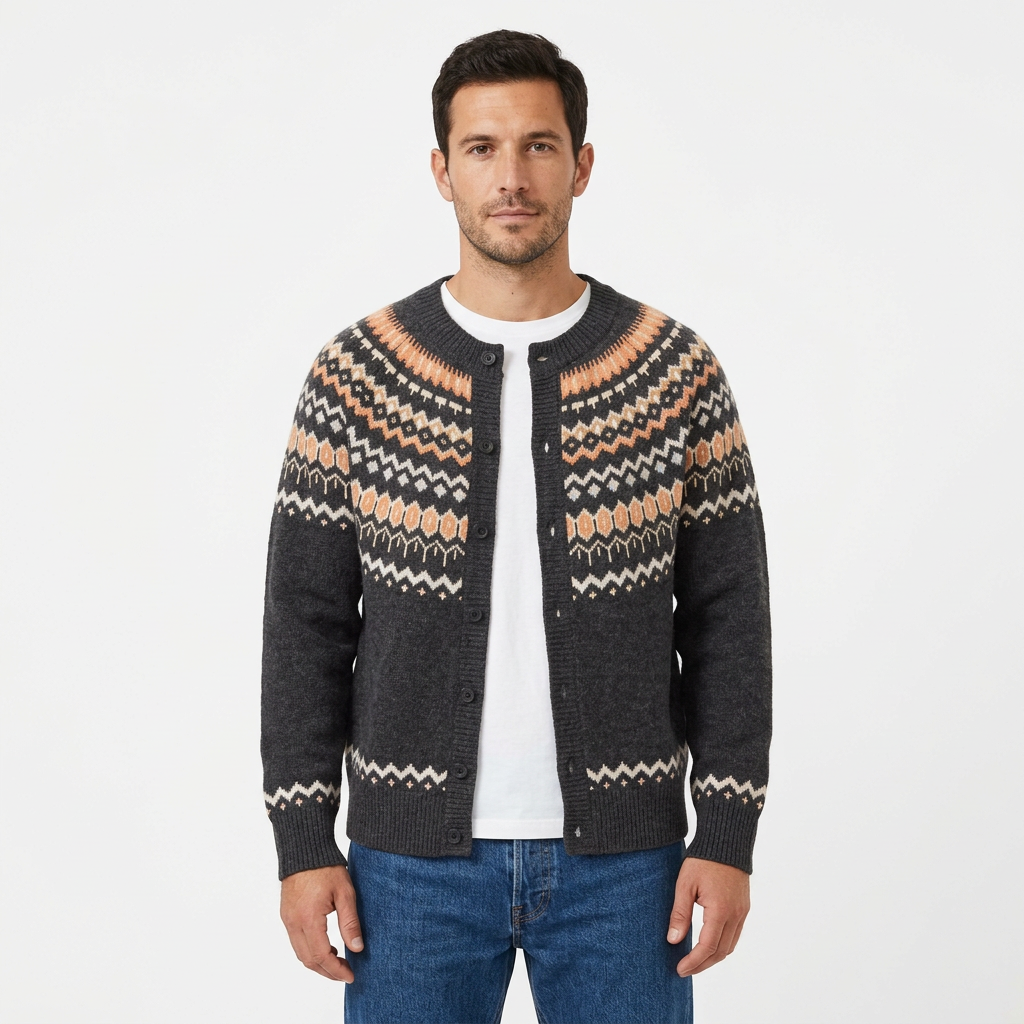 Male model wearing Dark Gray cardigan