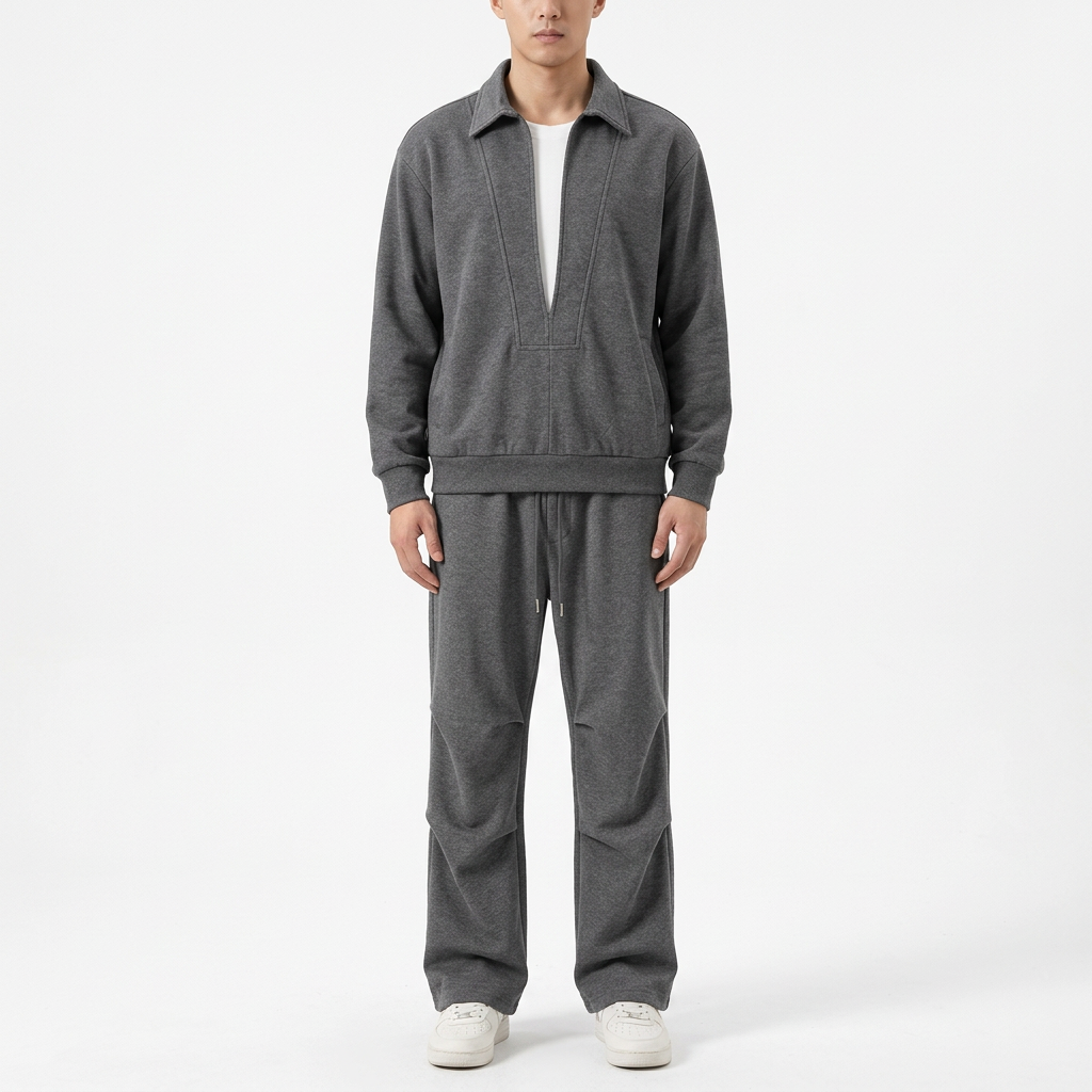Male model wearing the Dark Gray collared top and straight-leg pants set