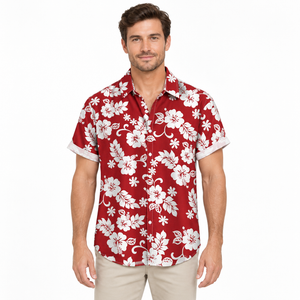 Male model wearing the red floral shirt