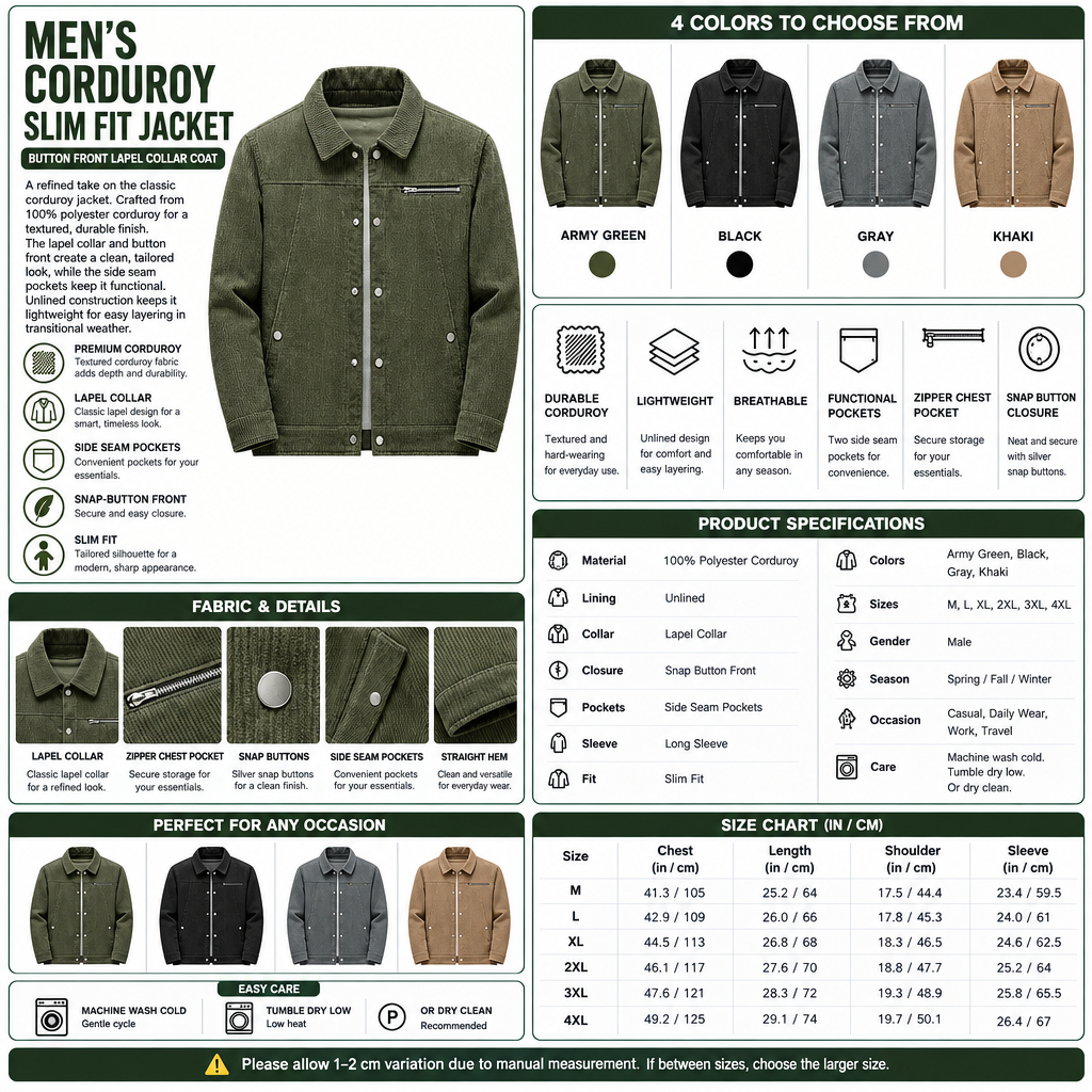 Men’s corduroy jacket infographic