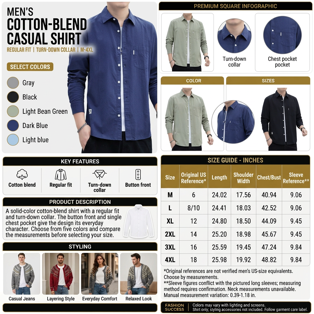 Men’s cotton-blend casual shirt detailed infographic