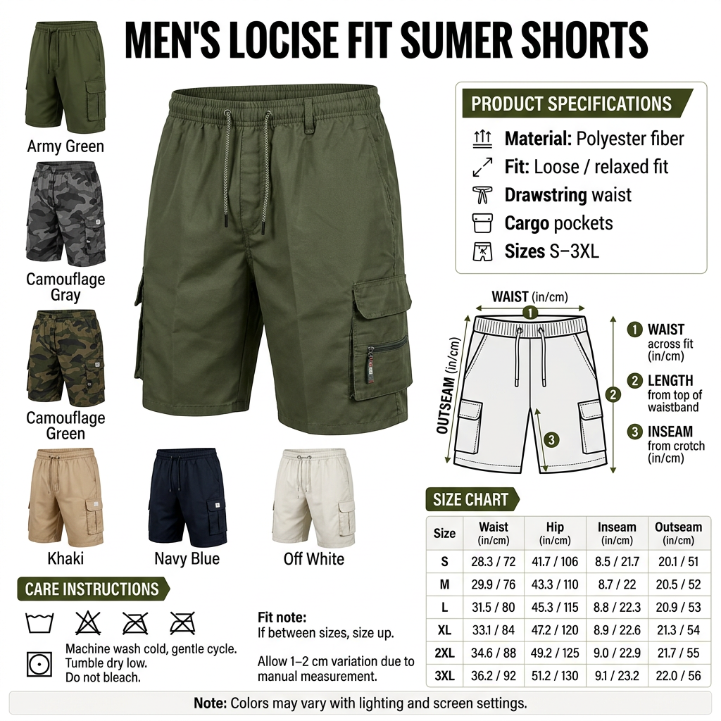 Men’s summer shorts infographic with seven colors and full size chart