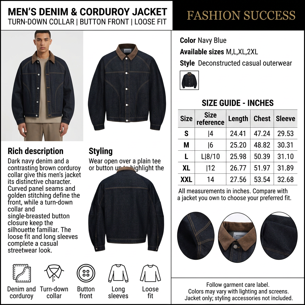 Men's denim and corduroy jacket infographic