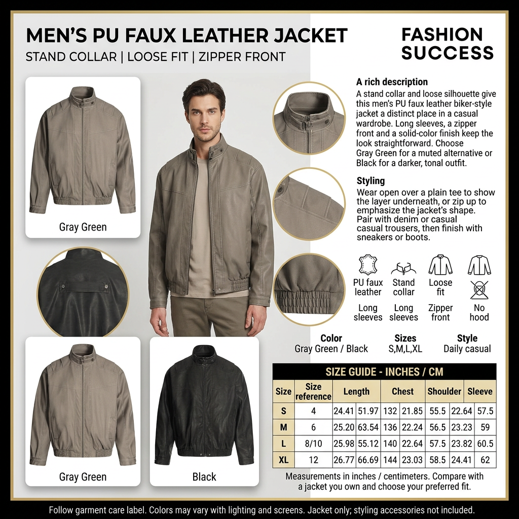 Men's PU faux leather jacket infographic