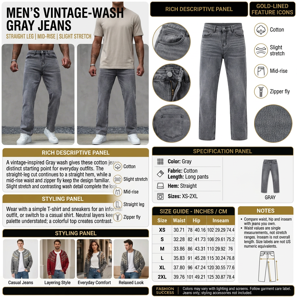 Men's vintage-wash Gray jeans infographic