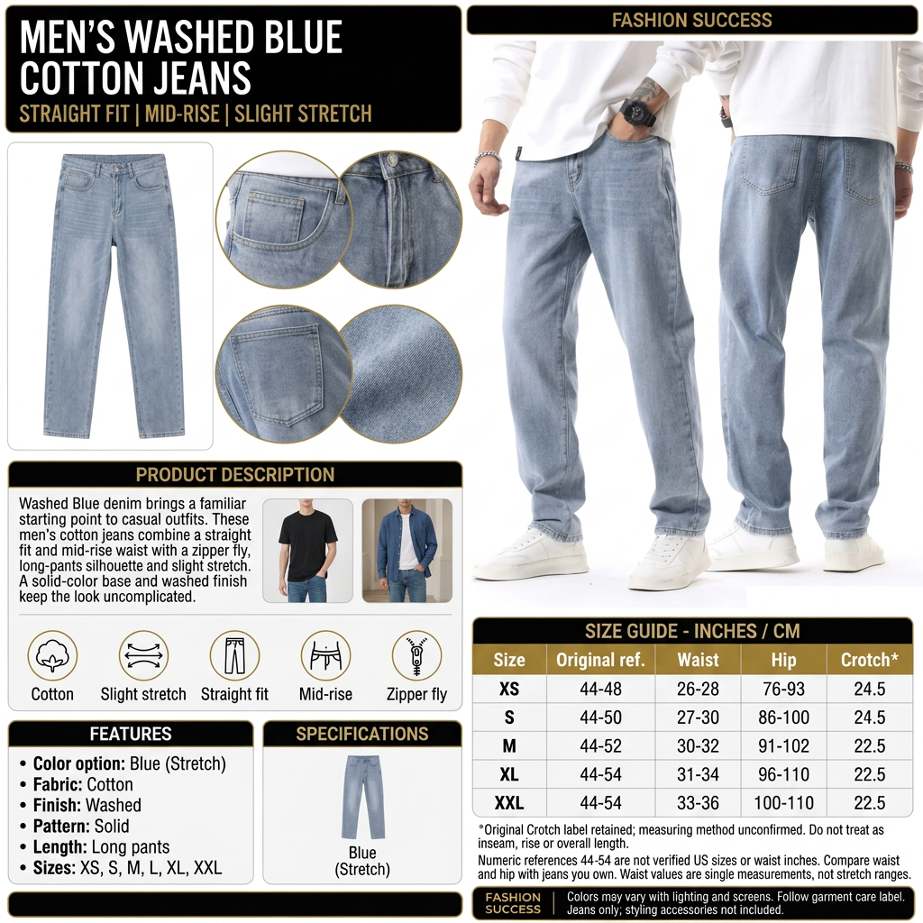 Men's washed Blue cotton jeans infographic