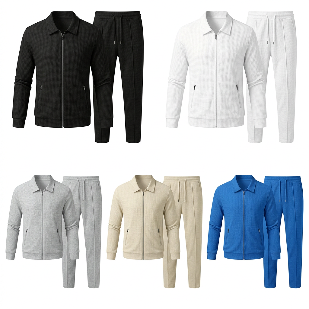 Model-free image of all five waffle-texture jacket and pants sets